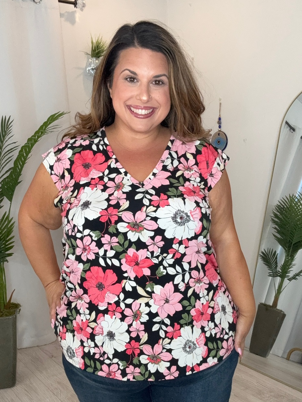 Plus Black Floral V-Neck Cap Sleeve Top